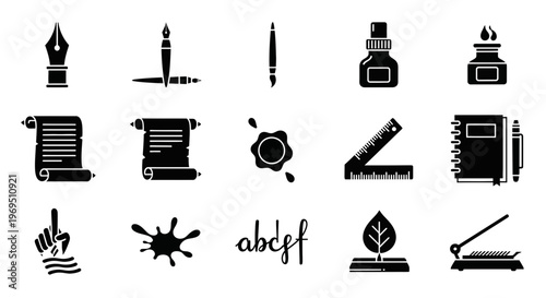 A grid of black and white icons representing writing calligraphy and stationery tools