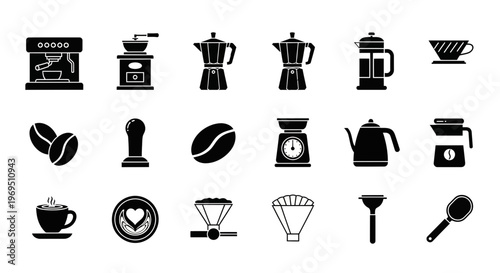 A grid of black silhouette icons representing various coffeemaking equipment and elements