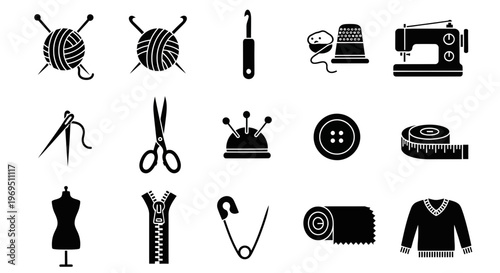 Black and white vector icons depicting sewing and knitting tools and items