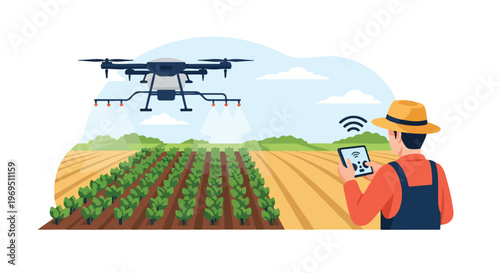 Vector illustration of a farmer using a digital tablet to control an agricultural hexacopter drone spraying liquid over rows of green crops in a rural farm field setting.