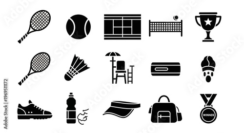 Black icons representing tennis and badminton equipment awards and apparel