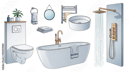 Modern Bathroom Fixtures Set with Bathtub Shower Sink Toilet and Accessories, Minimal Interior Design Illustration Collection