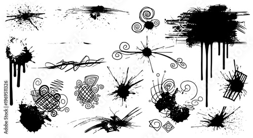 Splashes grunge drawn set with black ink stains and splatters, abstract artistic effects featuring splatter art, clean composition on simple