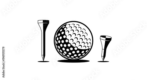 Golf balls and tee set with black and white illustration, golfing accessories featuring sports equipment, sports, game with recreation and leisure