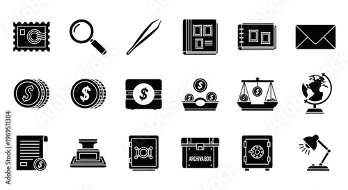 Black silhouette icons related to philately finance and office tools