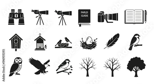 Black silhouette icons related to birdwatching optics field guides camera nests birds and trees