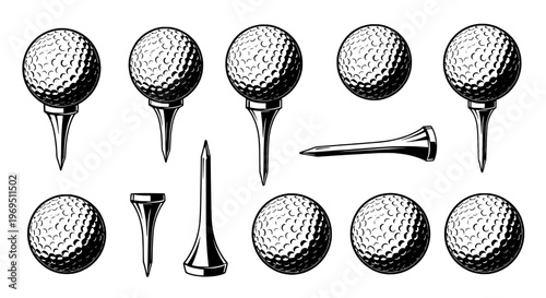 Golf balls set with tees in black and white vector illustration, dimpled texture, golfing accessories