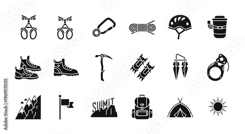 Black silhouette icons representing mountain climbing and hiking gear and scenes