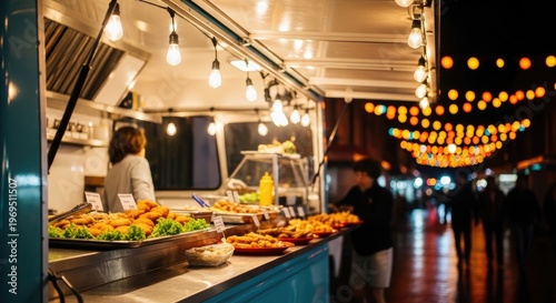Food vendor serving various dishes at night market with people