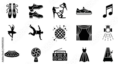 Collection of blackandwhite icons related to dance music and performance arts