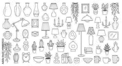 Collection of Hand-Drawn Botanical Illustrations and Vases.