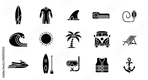 Collection of black and white icons related to surfing beach and water sports