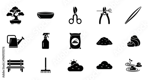 Fifteen black silhouette icons related to gardening and bonsai cultivation in a grid layout