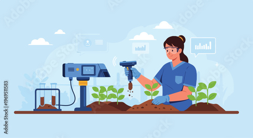 Female agricultural scientist using digital sensor to analyze soil nutrients near green sprouts, featuring laboratory equipment, test tubes, and data monitoring screens for research.