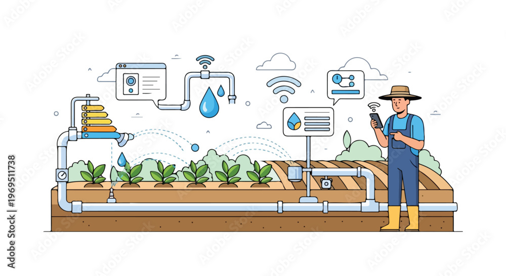 Naklejka premium Smart agriculture vector illustration of a farmer using a smartphone to control an automated irrigation system featuring water pipes, Wi-Fi sensors, and data dashboards.