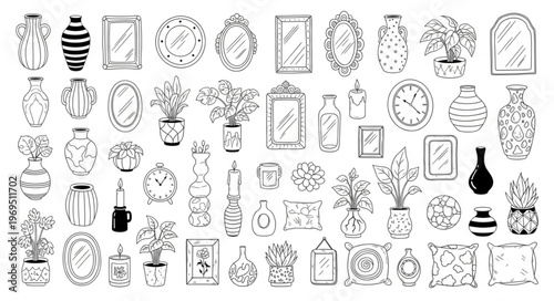 Collection of Hand-Drawn Botanical Illustrations and Vases.