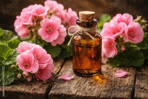 Geranium Essential Oil Bottle Surrounded by Pink Flowers on Rustic Wood