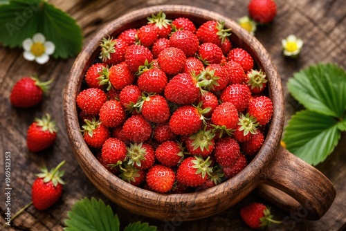 Top view of vibrant wild strawberries heaped in a rustic wooden cup