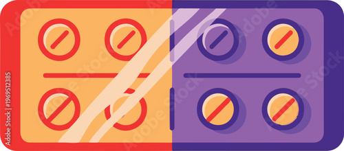 A colorful illustration of a blister pack with pills on a plain background