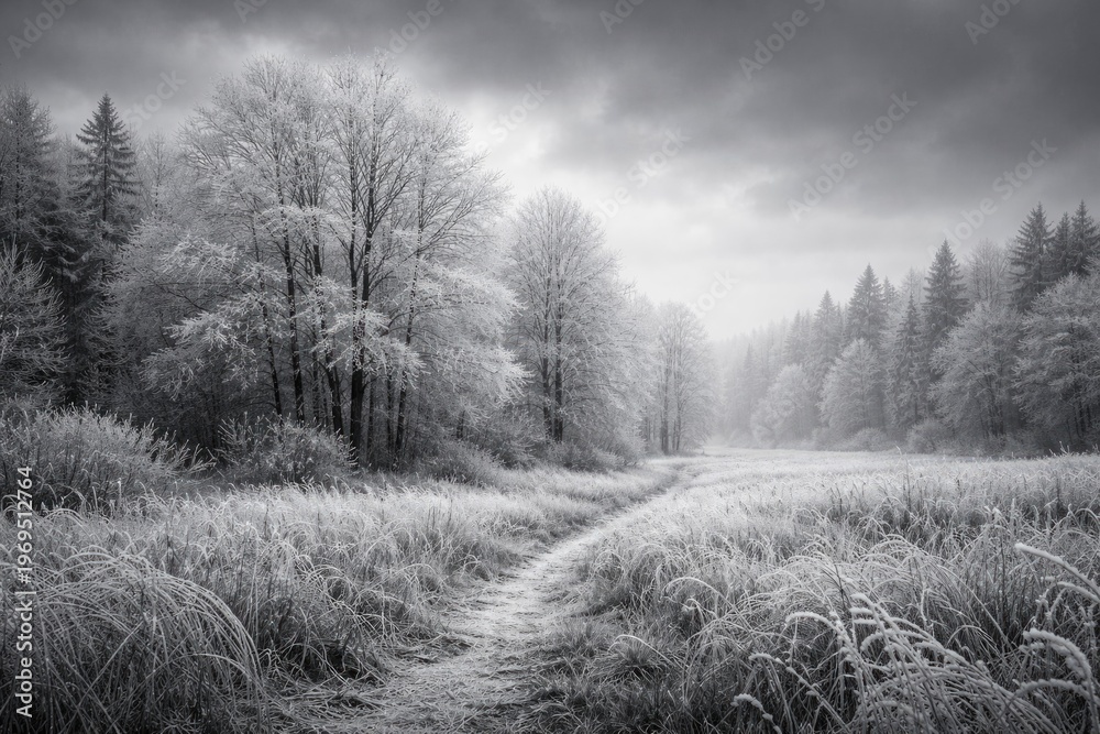 Obraz premium Monochrome landscape with frosty trees and grass under overcast sky