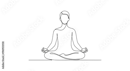 Man meditating in lotus position, yoga, mindfulness, zen, calm, peaceful, simple line art