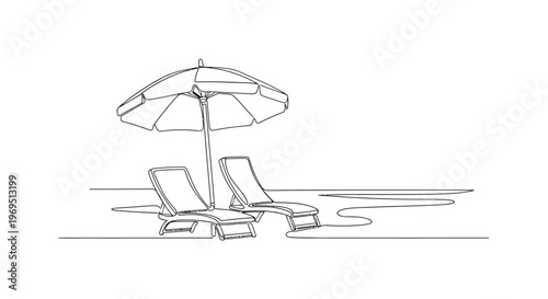 Relaxing Beach Scene: Two Sun Loungers and Umbrella by the Water