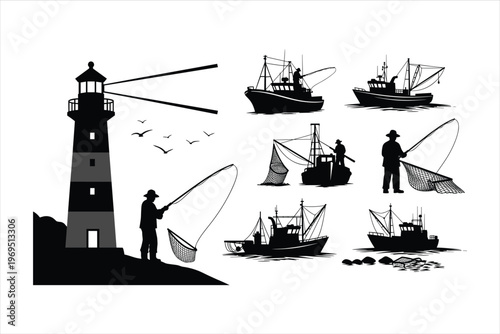 Fisherman silhouette set with lighthouse, fishing boats, trawlers, and workers using nets for nautical, maritime, ocean, sea industry, and coastal vector design projects