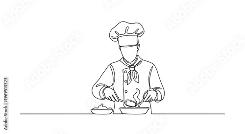 Chef Cooking in Kitchen: Line Art Illustration of Culinary Professional Preparing Food