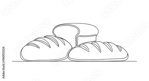 Artistic Line Drawing of Assorted Bread Loaves: Whole Wheat, Sourdough, and Sandwich Bread