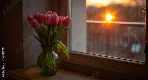 Sunset lit pink tulips in g...