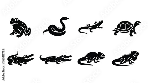 A collection of reptile and amphibian silhouettes including frogs snakes lizards crocodiles and a turtle silhouette high quality professional detailed modern