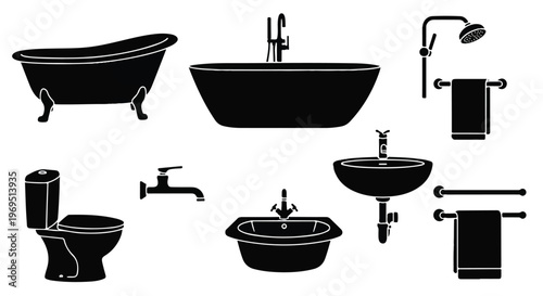 Black and white bathroom fixtures icons.