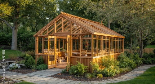Wooden greenhouse with larg...