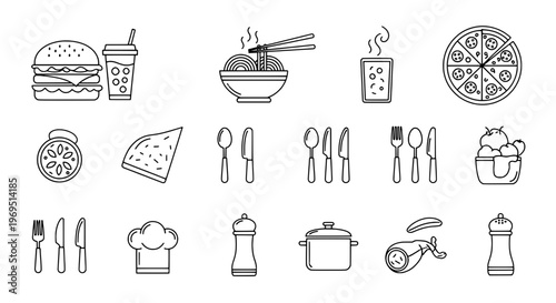 Food icons set with black line drawings and white background for restaurant menu design featuring simple illustrations, culinary, eating with