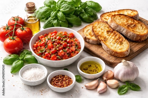 Vibrant homemade bruschetta ingredients with tomatoes basil garlic and bread on a clean white backdrop
