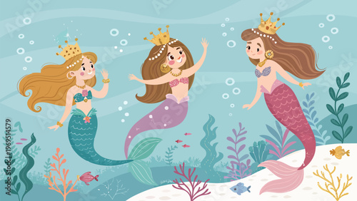 Three mermaid princesses with crowns and jewelry swim underwater in ocean with coral and seaweed