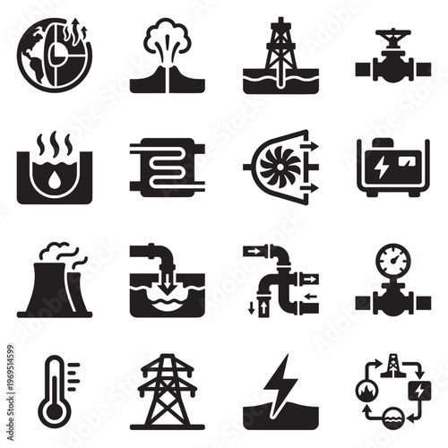 Geothermal energy process icons in bold style