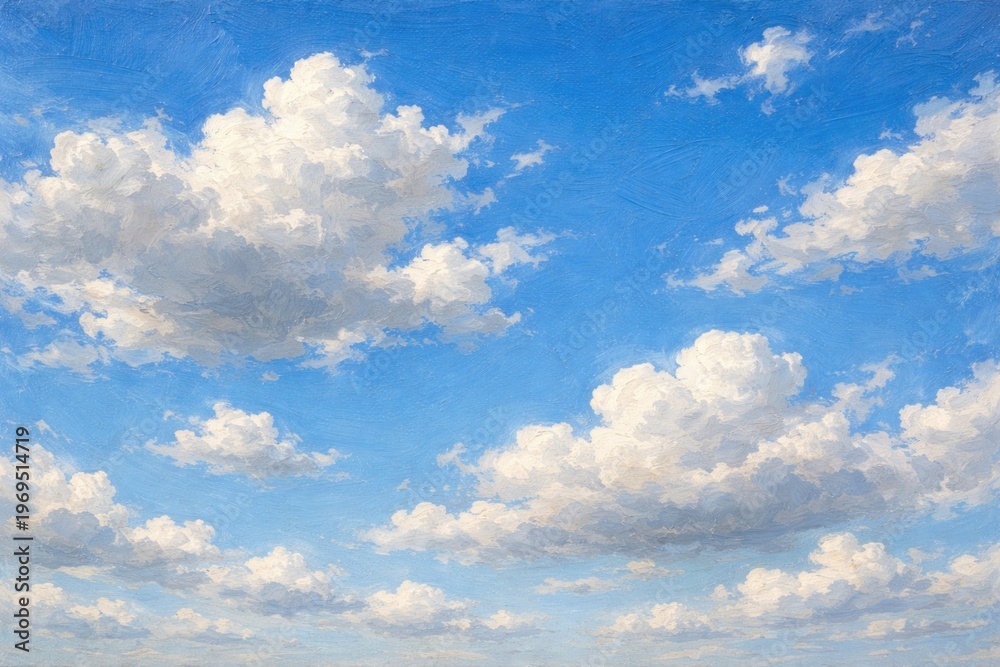 Fototapeta premium Oil painting of a vibrant blue sky with soft white clouds scattered across the canvas