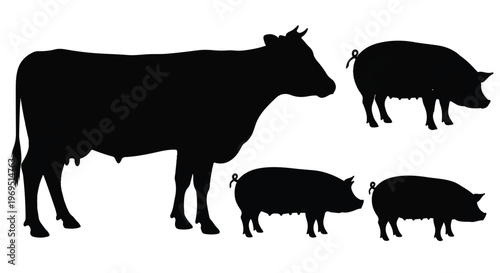 Silhouettes of a cow and three pigs on a white background.