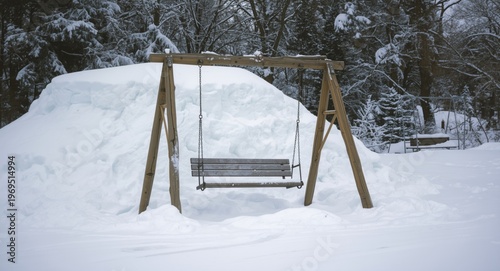 Swing set with snow piled h...