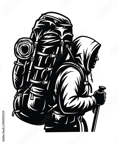 Vector of a hiker with a large backpack hiking in the wilderness