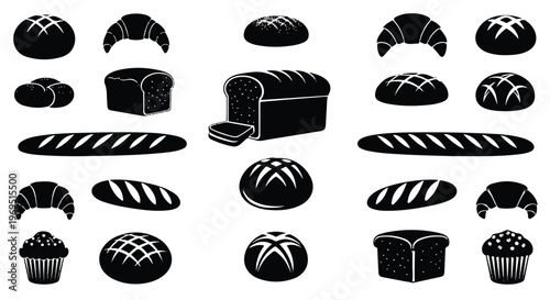 Assortment of baked goods silhouettes including loaves, croissants, and muffins.