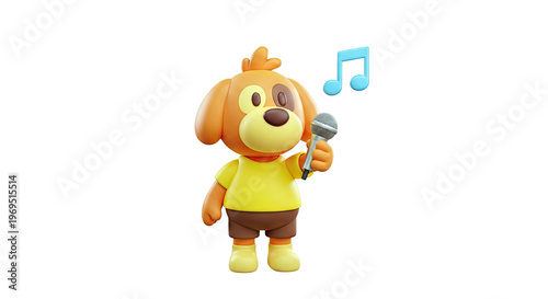 Cartoon Dog Character Singing with Microphone and Music Note