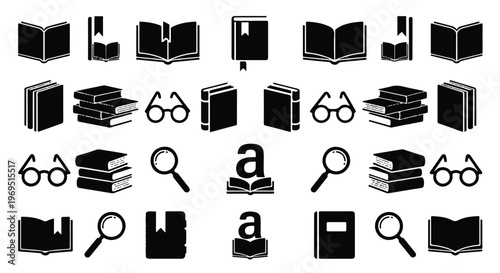 Collection of book and reading related icons in black and white.