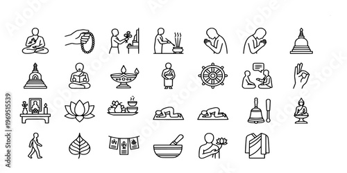 line icon collection of buddhism and zen spiritual practice including monks, meditation poses, temple architecture, lotus flowers, and sacred ritual objects.
