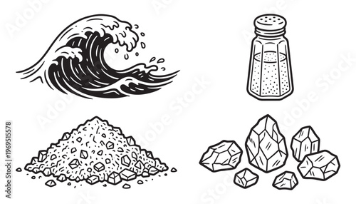 Sea salt vector illustration of ocean wave with shaker and crystal mineral rocks for kitchen theme