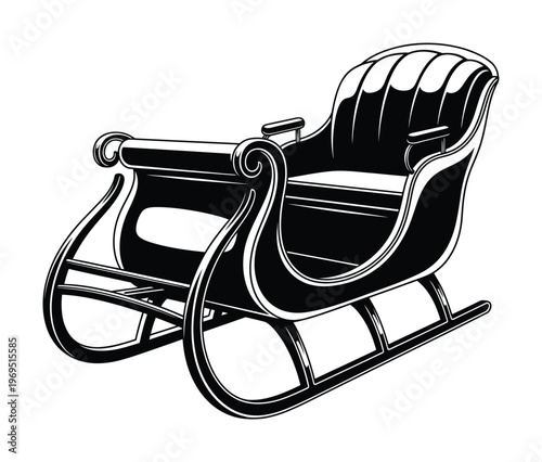 Vector depicts a classic sleigh with curved runners and a cushioned seat