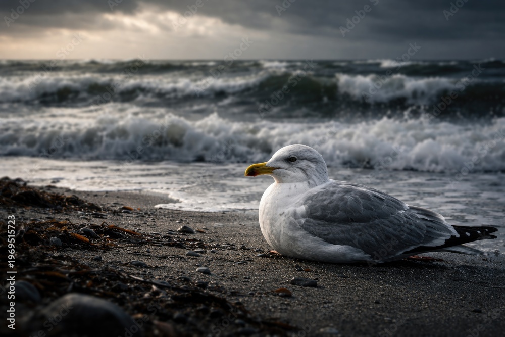 Fototapeta premium Solitary seagull resting near stormy ocean waters