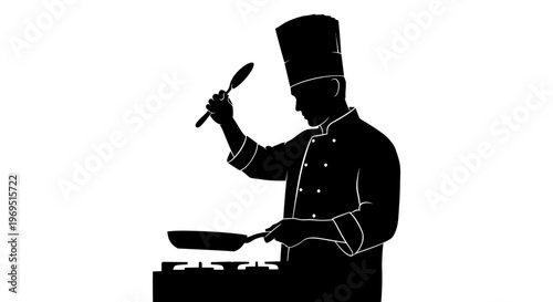 Silhouette Chef Cooking in Kitchen with Frying Pan and Spatula