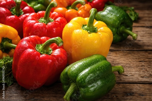 Close up view of vibrant bell peppers arranged on rustic wooden surface with copy space